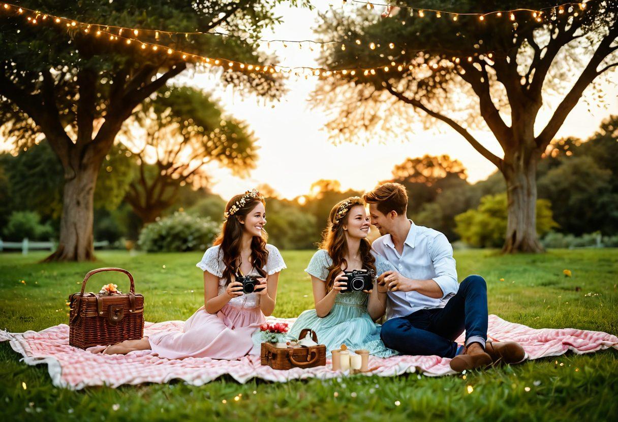 A beautifully arranged picnic scene featuring a couple surrounded by soft flickering fairy lights, with a camera capturing their joyful moments. A serene sunset casts a warm glow, highlighting a lush green park with blooming flowers and vintage cameras scattered about. Romantic quotes are elegantly written in the sky, creating an enchanting atmosphere. super-realistic. vibrant colors. dreamy background.