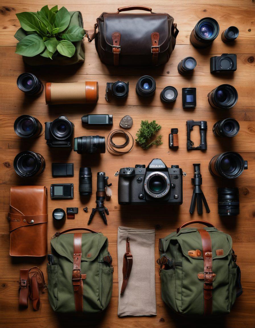 A visually striking flat lay of essential photography gear, including a high-quality camera, tripod, lens, flash, and a stylish camera bag, all arranged on a rustic wooden surface. Surrounding the gear, soft focus photographs of couples capturing moments of affection, with warm, inviting lighting that evokes emotion and connection. Add a hint of greenery for a touch of nature. super-realistic. vibrant colors. warm lighting.