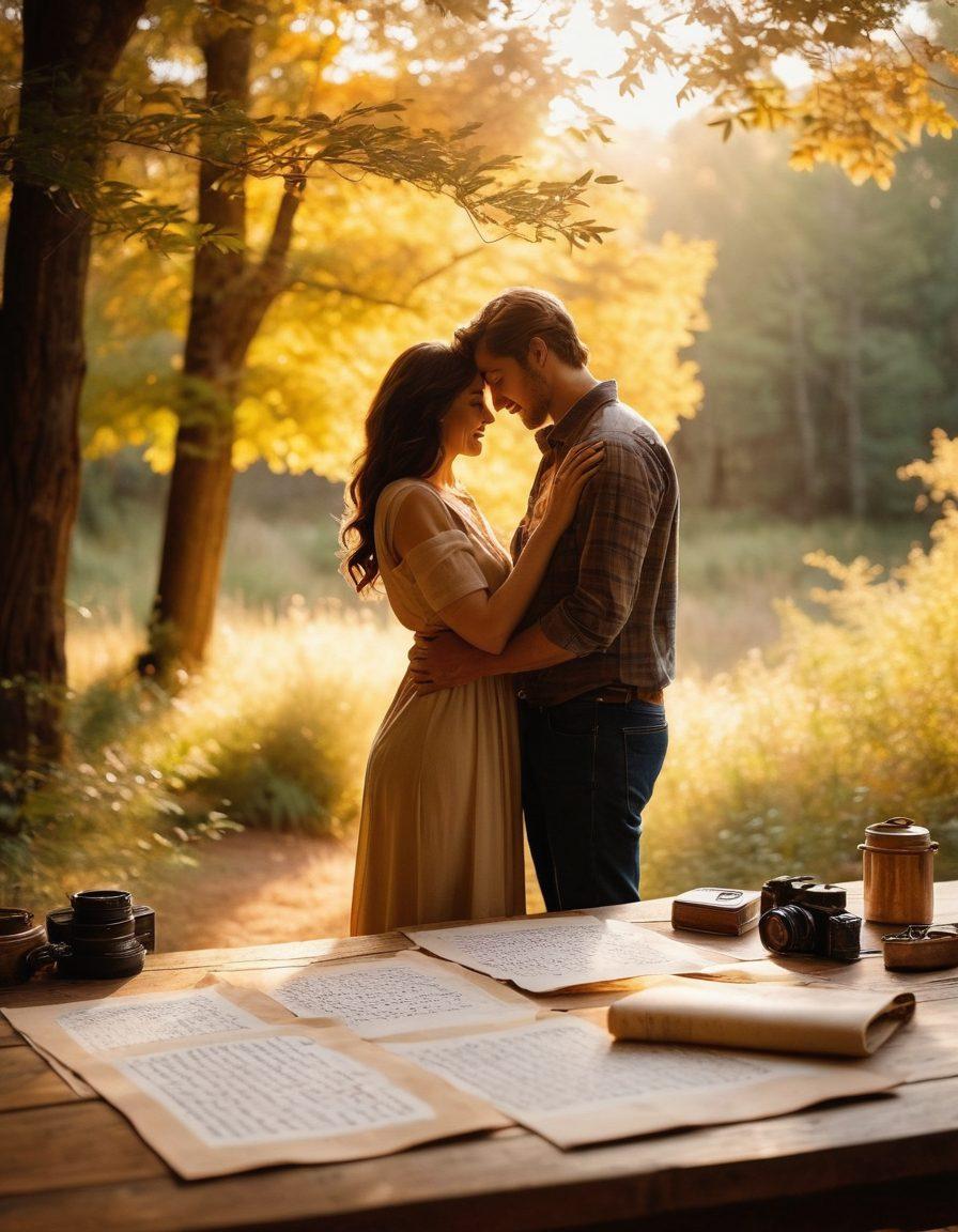 A beautifully arranged photography scene featuring a couple embracing in a picturesque outdoor setting, surrounded by soft golden sunlight filtering through the trees. Include a close-up of a camera on a rustic wooden table, with essential photography tips written in elegant calligraphy on parchment paper. The atmosphere should evoke warmth, intimacy, and passion, emphasizing the art of capturing love. super-realistic. warm colors. slightly blurred background.